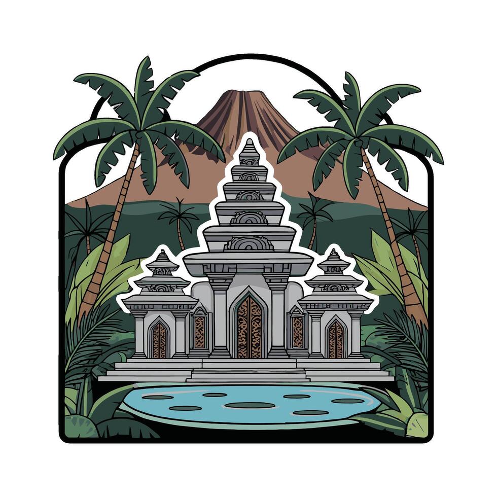 An illustration of a temple with a lake and palm trees vector