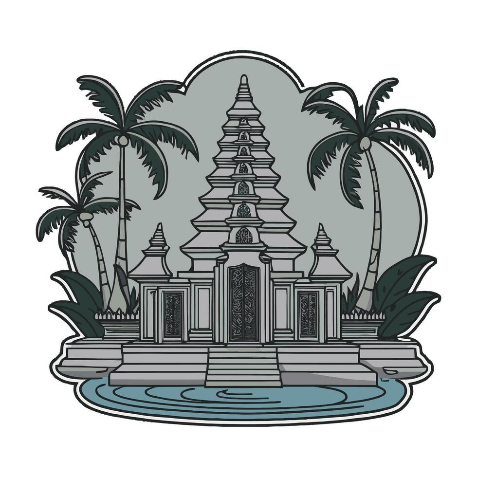 An illustration of a temple with palm trees vector