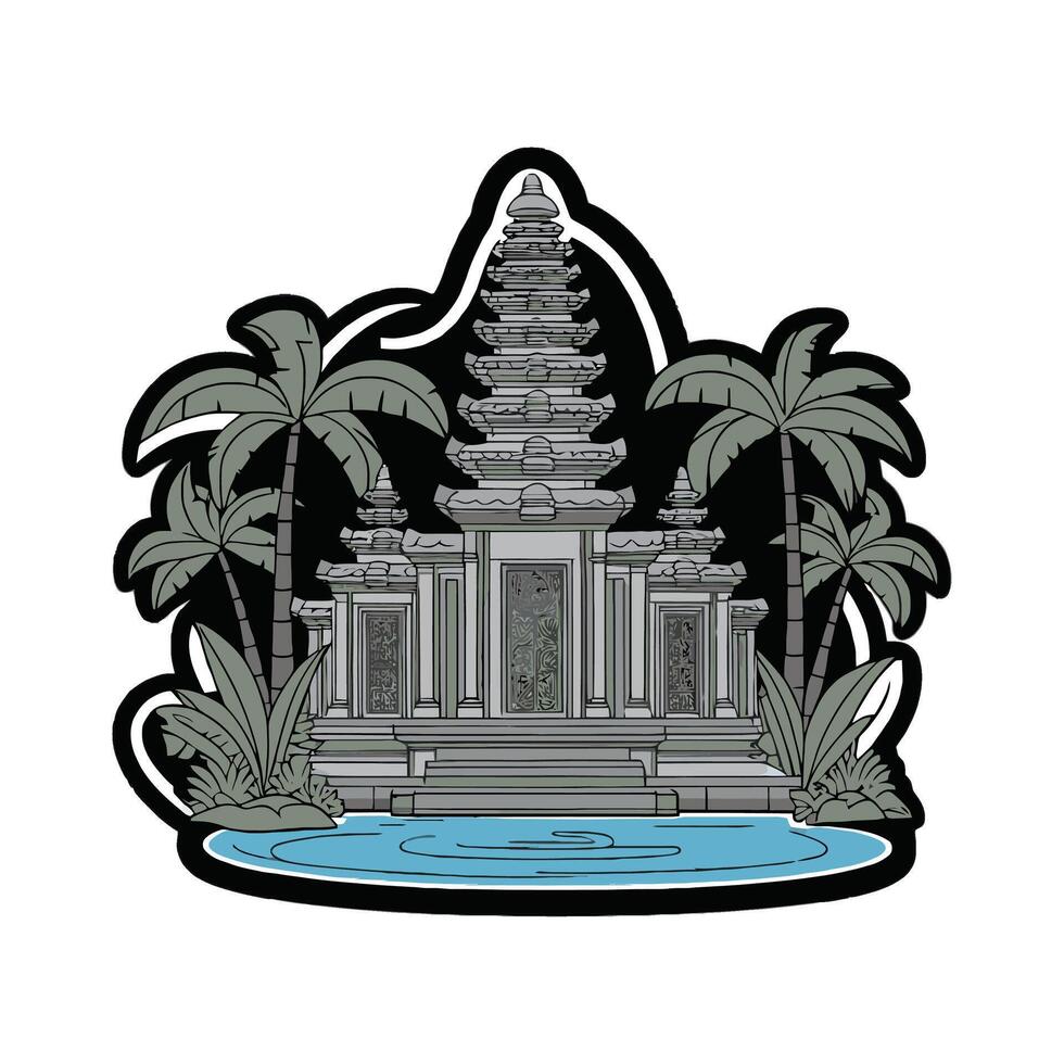 A temple with palm trees and water in the background vector