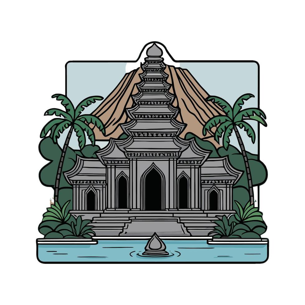 A temple with a fountain and palm trees vector