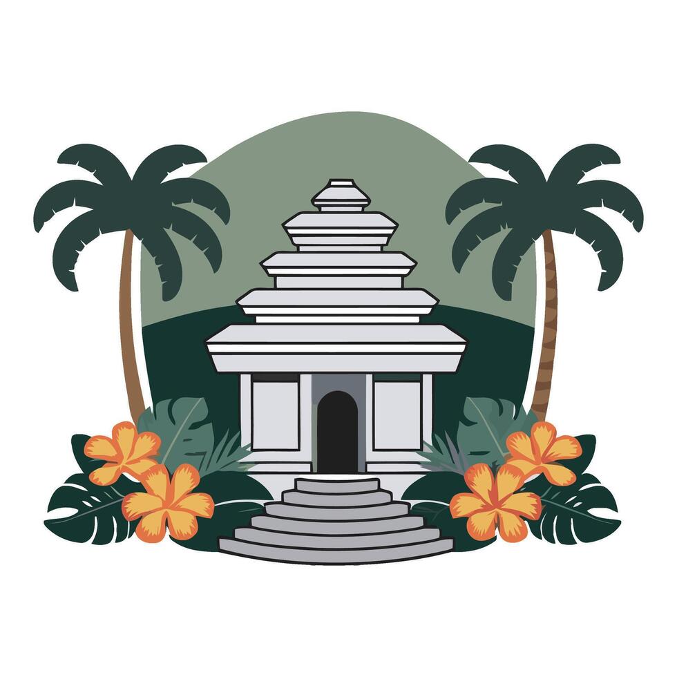 An illustration of a temple with flowers and palm trees vector
