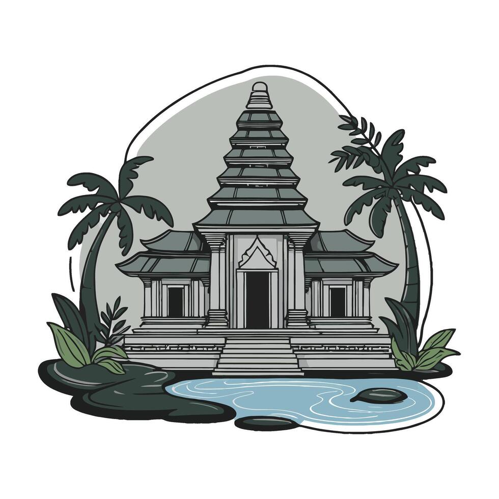 An illustration of a temple with palm trees and water vector