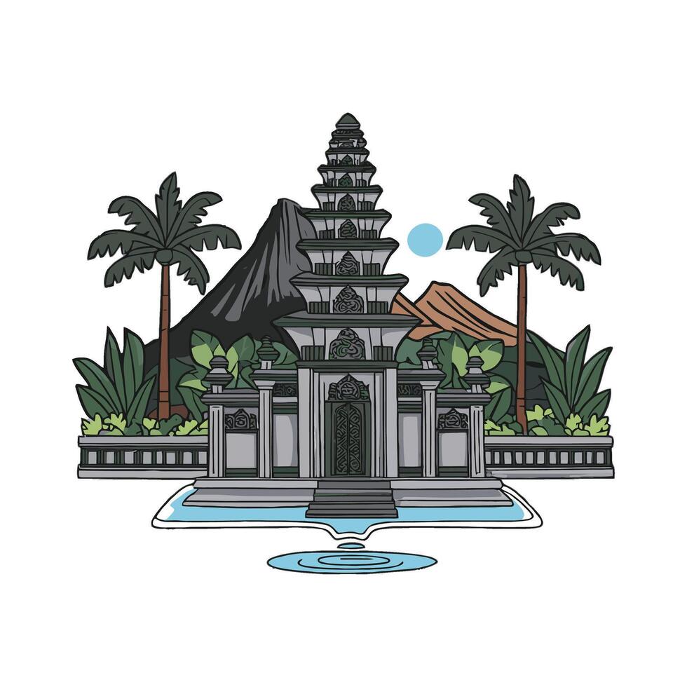 An illustration of a temple and palm trees vector