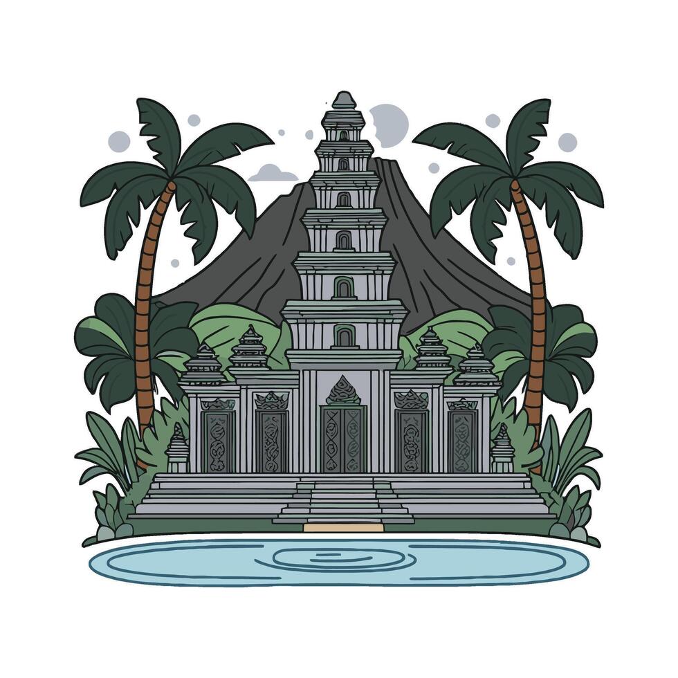 A temple with palm trees and a mountain in the background vector