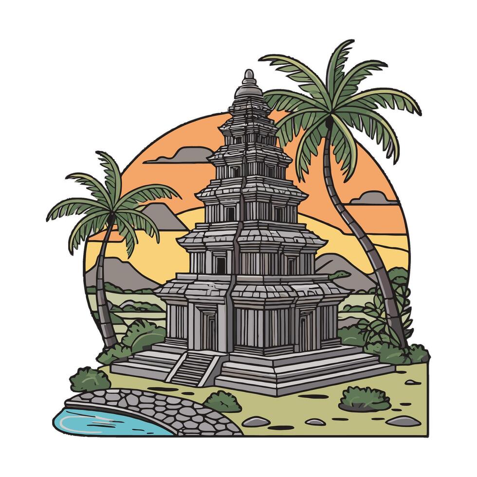 An ancient temple in india with palm trees and a river vector
