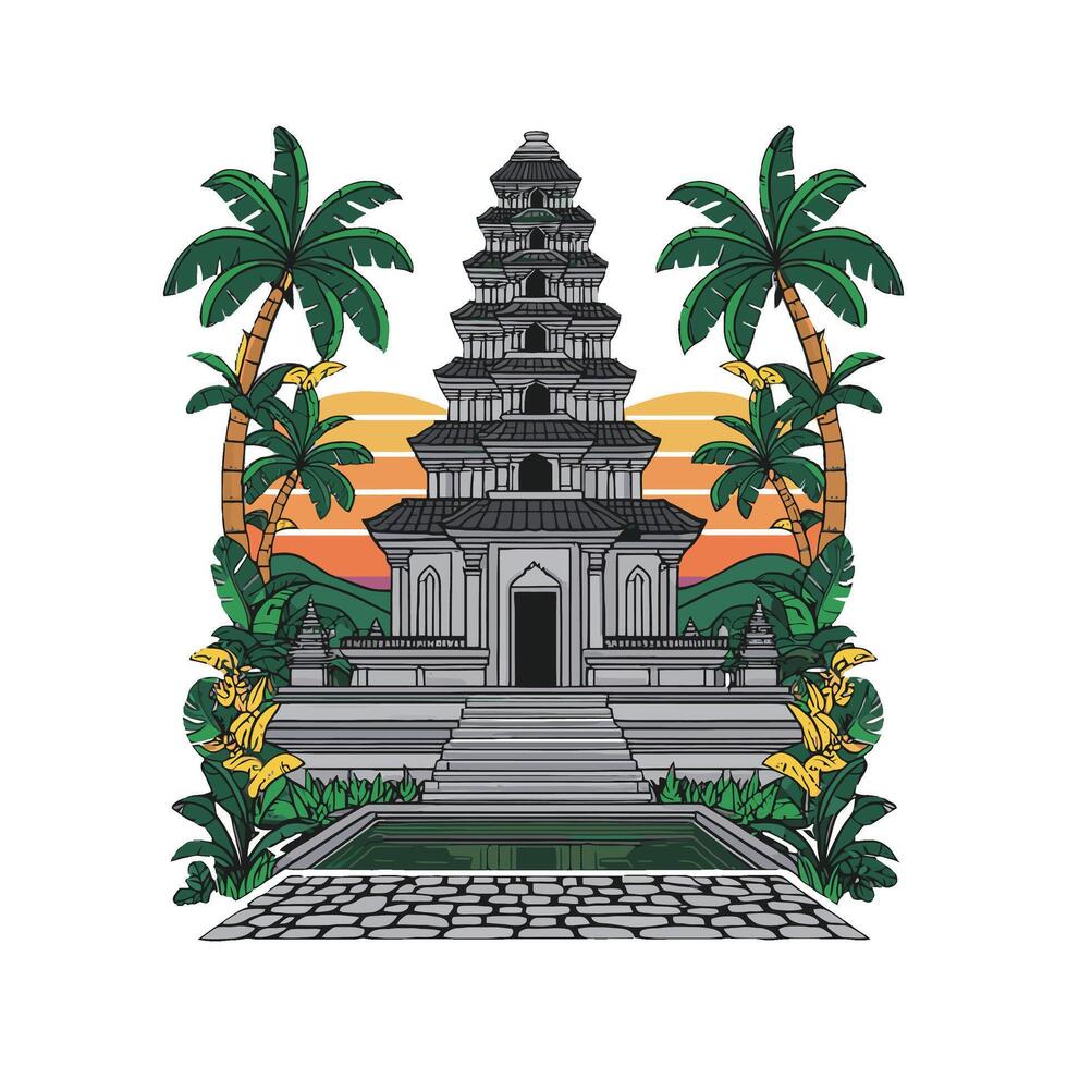 A temple with palm trees and a fountain vector