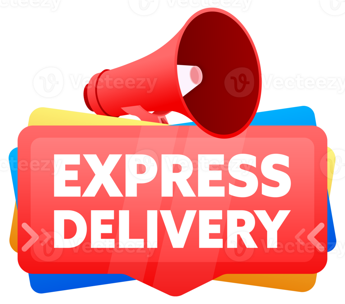 Express delivery. Badge with megaphone banner, label. Marketing and advertising. illustration png