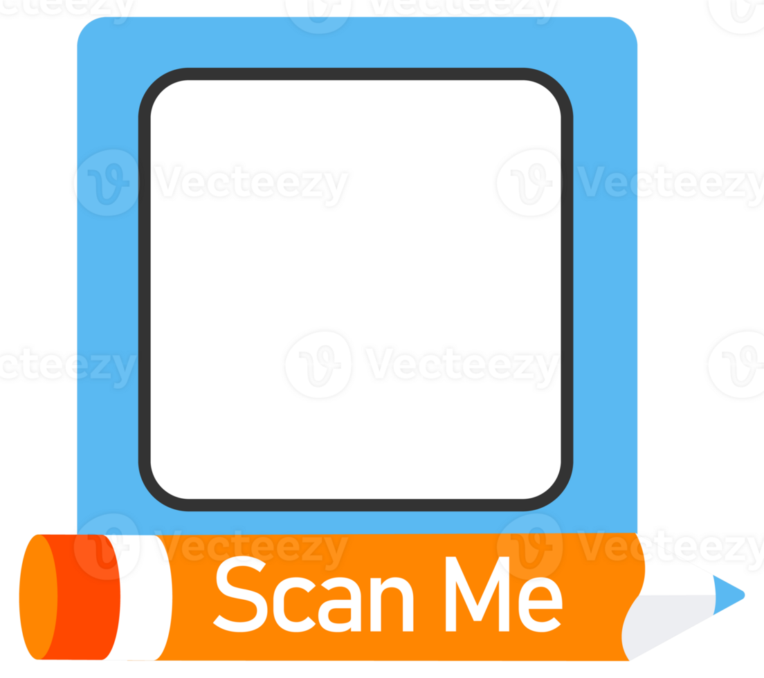 Set of QR code stickers flanked by pencils, with Scan Me text, designed for interactive engagement png