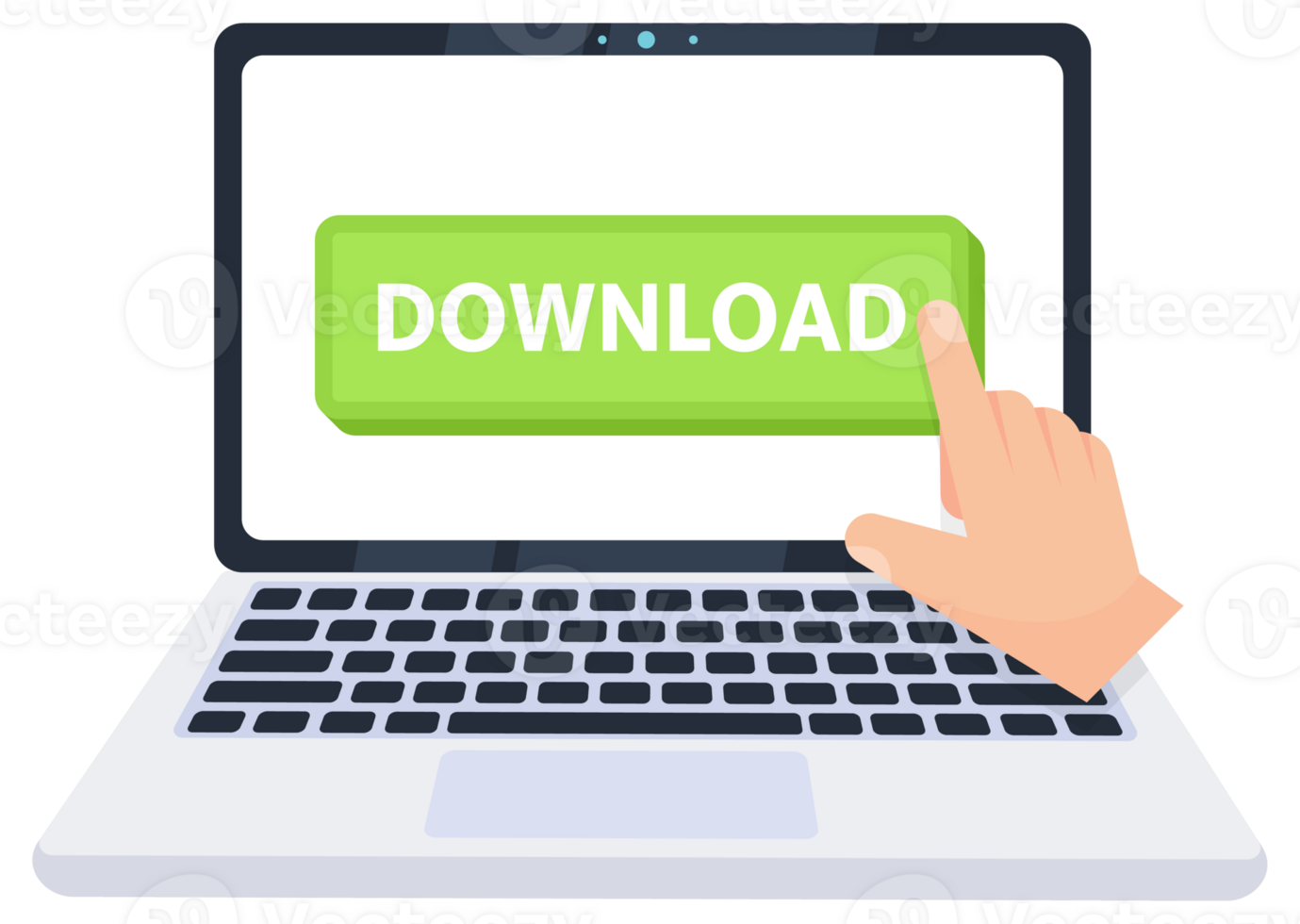Hand pointer clicking on a download button on a laptop screen. illustration png