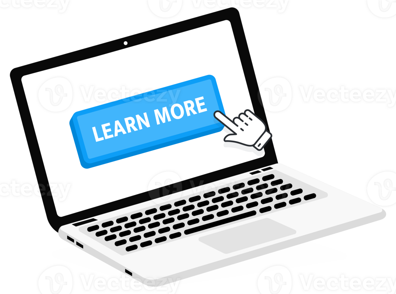 Learn more text on Laptop screen with a red button . Button with pointer clicking. Finger Pressing png