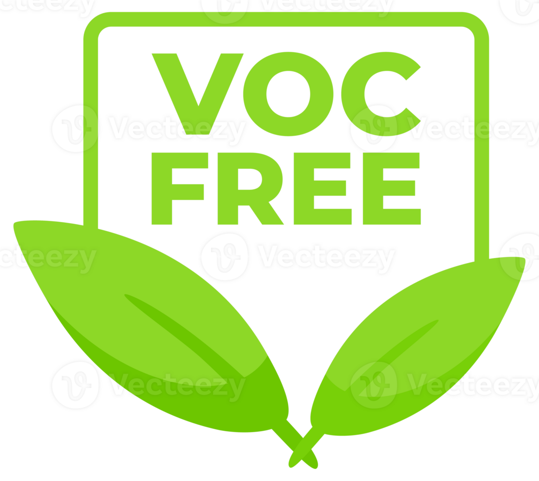 Set of green badges with the text VOC Free and a leaf icon, representing products that do not contain volatile organic compounds. png