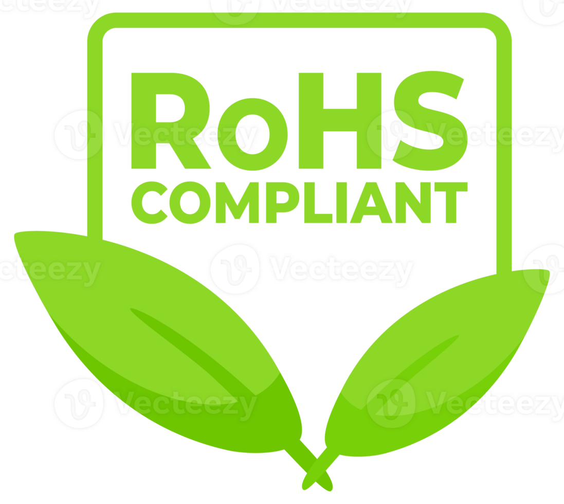 Green labels with a leaf icon indicating RoHS Compliant for electronics, promoting environmentally responsible manufacturing. png