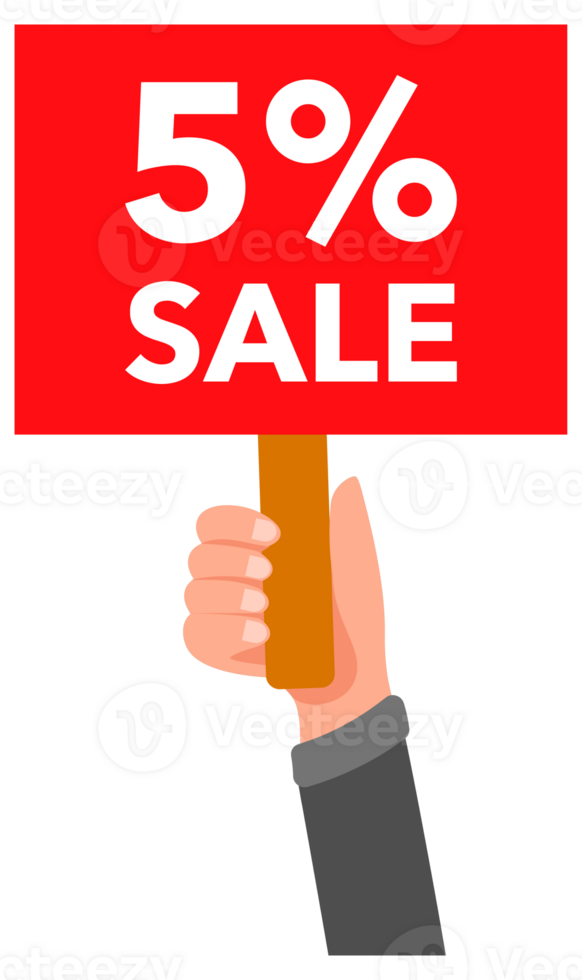 Hands holding red five percent sale signs, banners and placards in a set collection png
