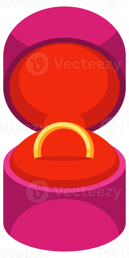 Golden wedding rings are lying inside and outside open red and pink boxes with different jewelry around png