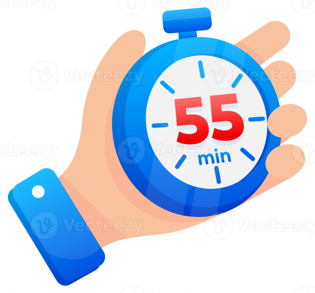 Hand firmly gripping a blue stopwatch set to 55 minutes, with a prominent red highlight on the timer png