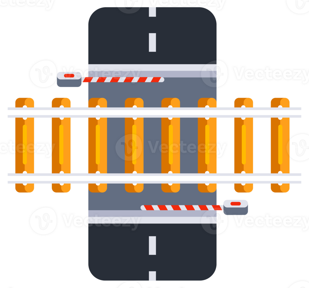 Set of railroad elements showing different types of railways with crossing and train wagons. png