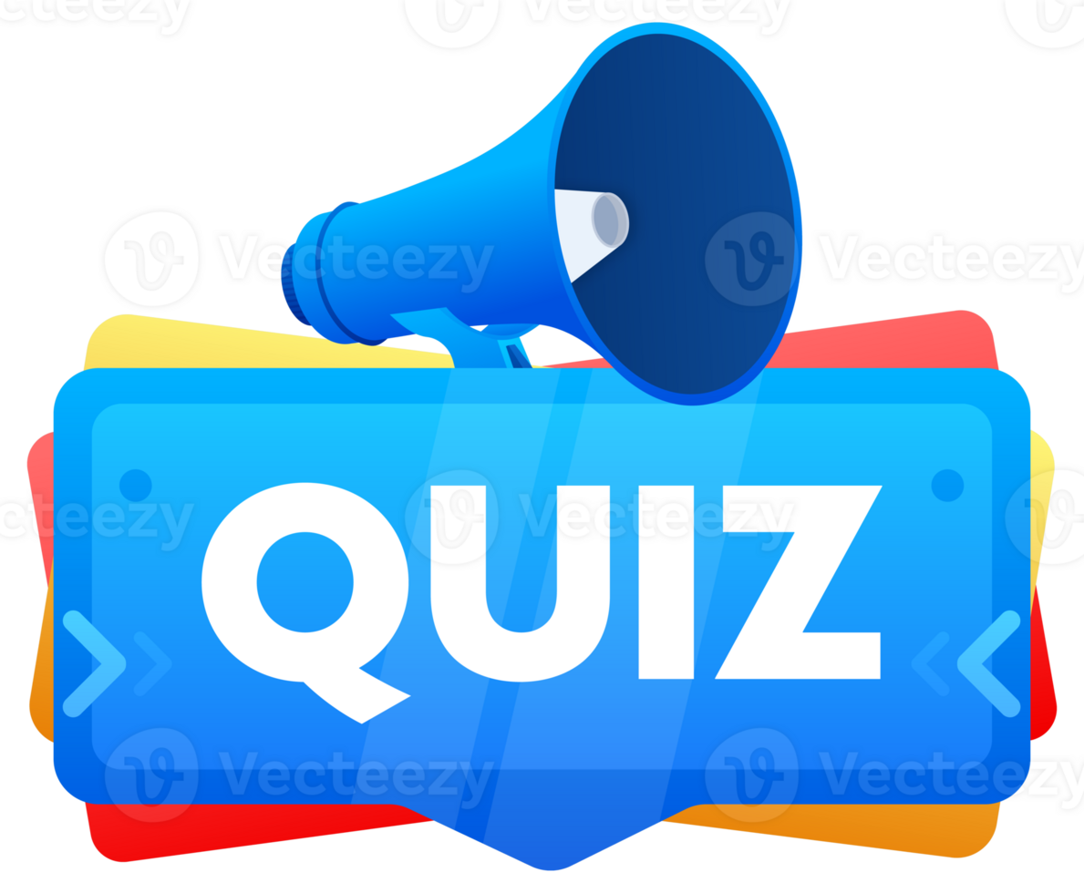 Quiz. Badge with megaphone banner, label. Marketing and advertising. illustration png