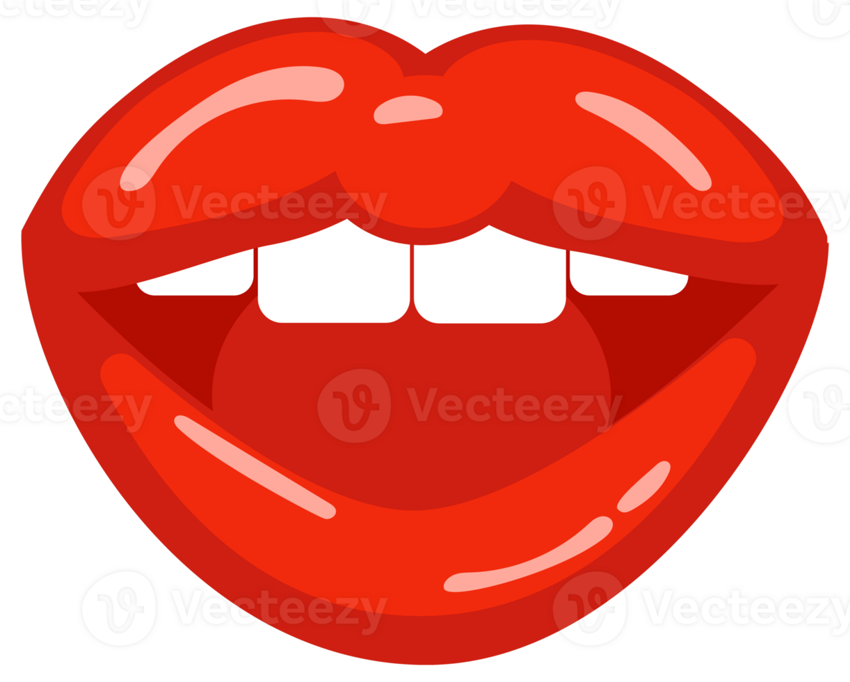 Six variations of woman's red lips showing different facial expressions like speaking, smiling, surprised and showing tongue png