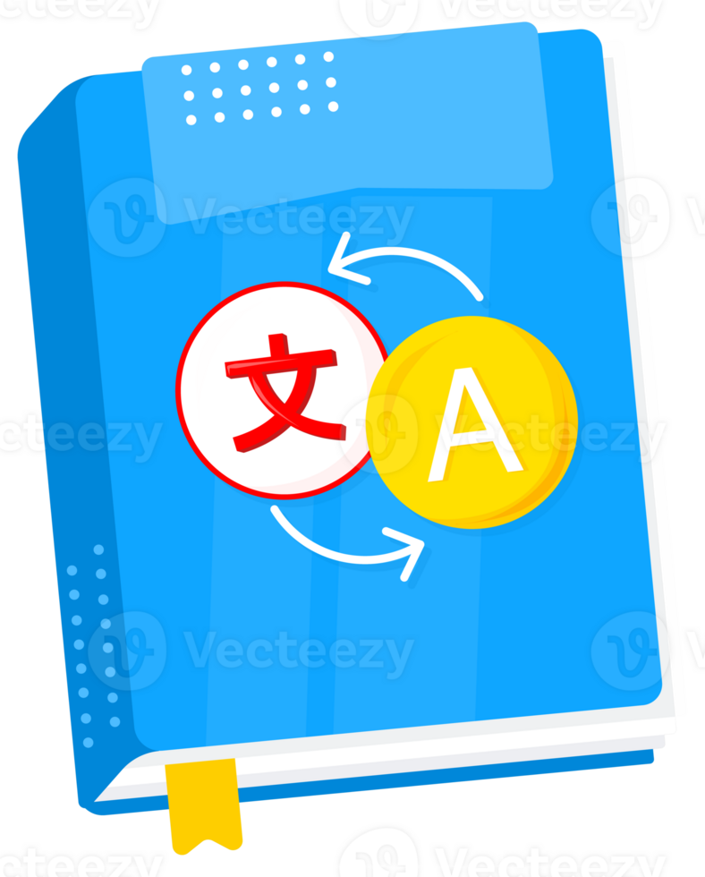 Blue dictionary translating chinese mandarin characters to english alphabet, learning new language concept png