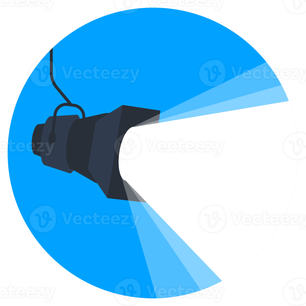 Bright spotlight shining on empty stage against blue background, drawing attention to single equipment. Simple design with abstract shapes provides copy space png