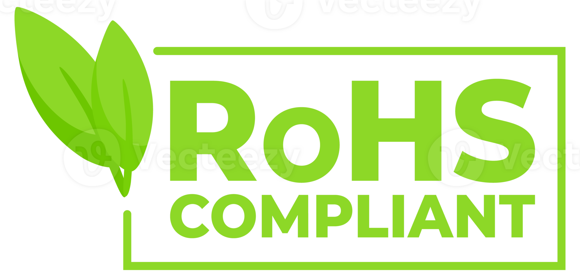 Green labels with a leaf icon indicating RoHS Compliant for electronics, promoting environmentally responsible manufacturing. png