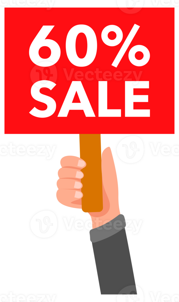 Hands holding red sixty percent sale signs with different backgrounds png