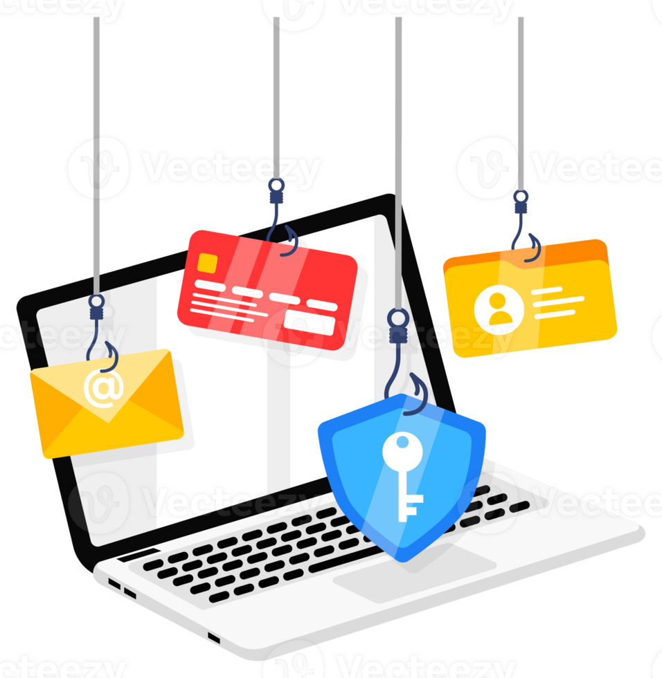 Phishing Scam Alert Concept. Phishing scam, hooks bait with email, card, and shield. illustration png