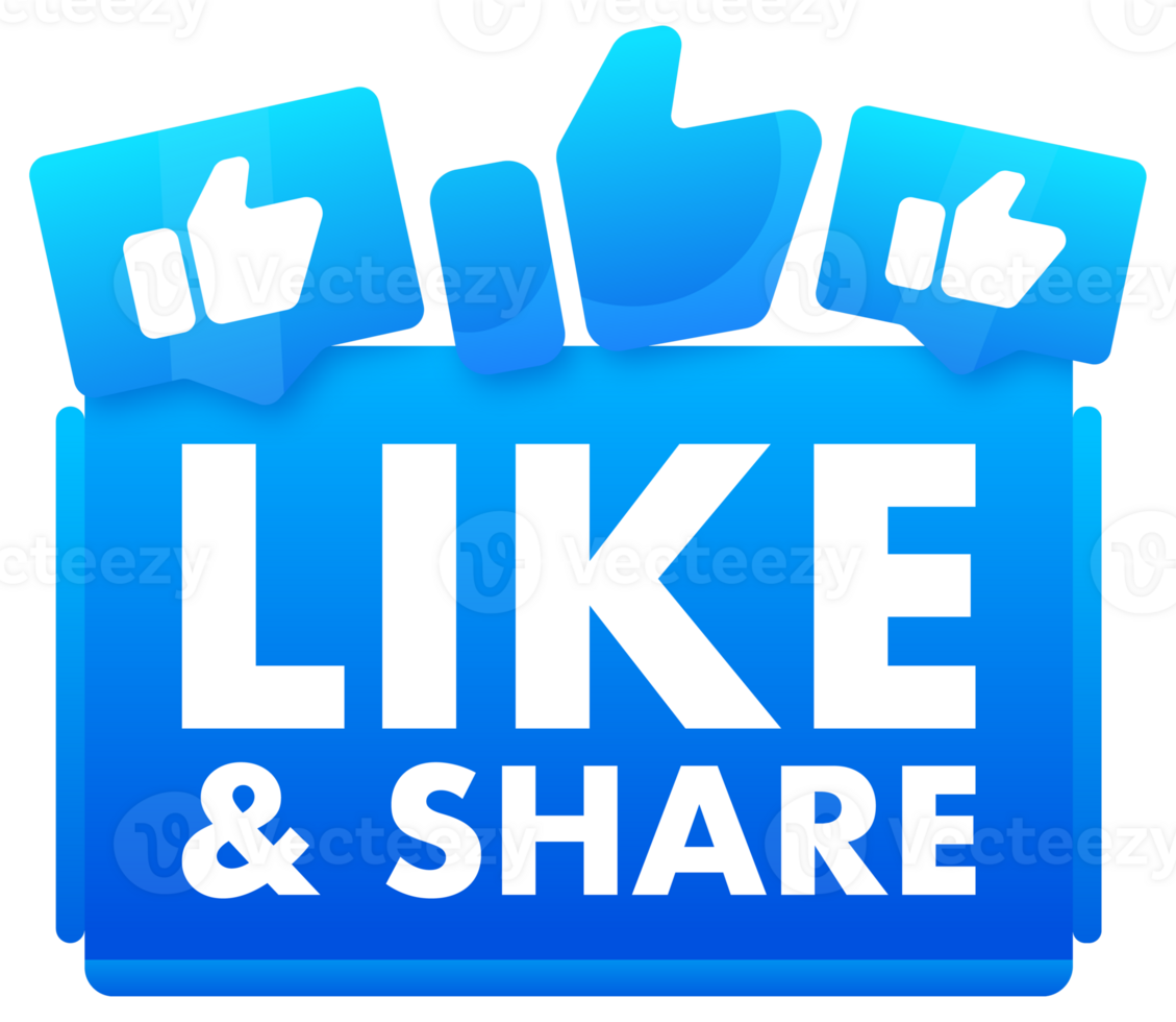 Bright blue graphic for social engagement with Like Share encouragement, featuring thumbs up icons for digital marketing and online png