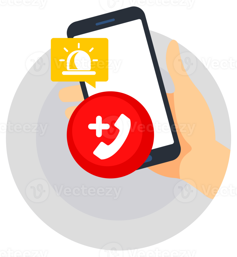 Hand holding a smartphone with an emergency call icon and alert notification symbol png