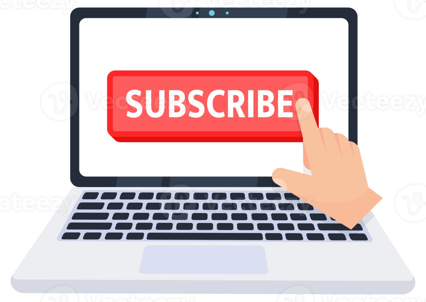 Hand pointer clicking on a subscribe button on a laptop screen. illustration png