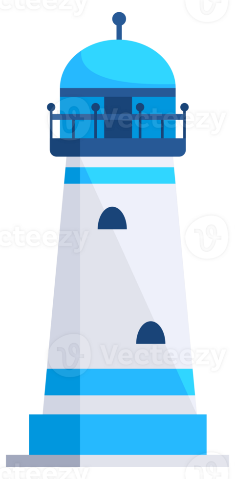Set of lighthouses. Tower with floodlight on coast for maritime navigation png