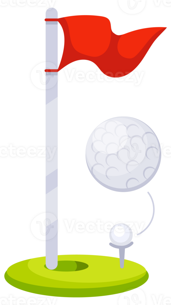 Golf equipment set with bag, clubs and flag with ball for playing golf on course png