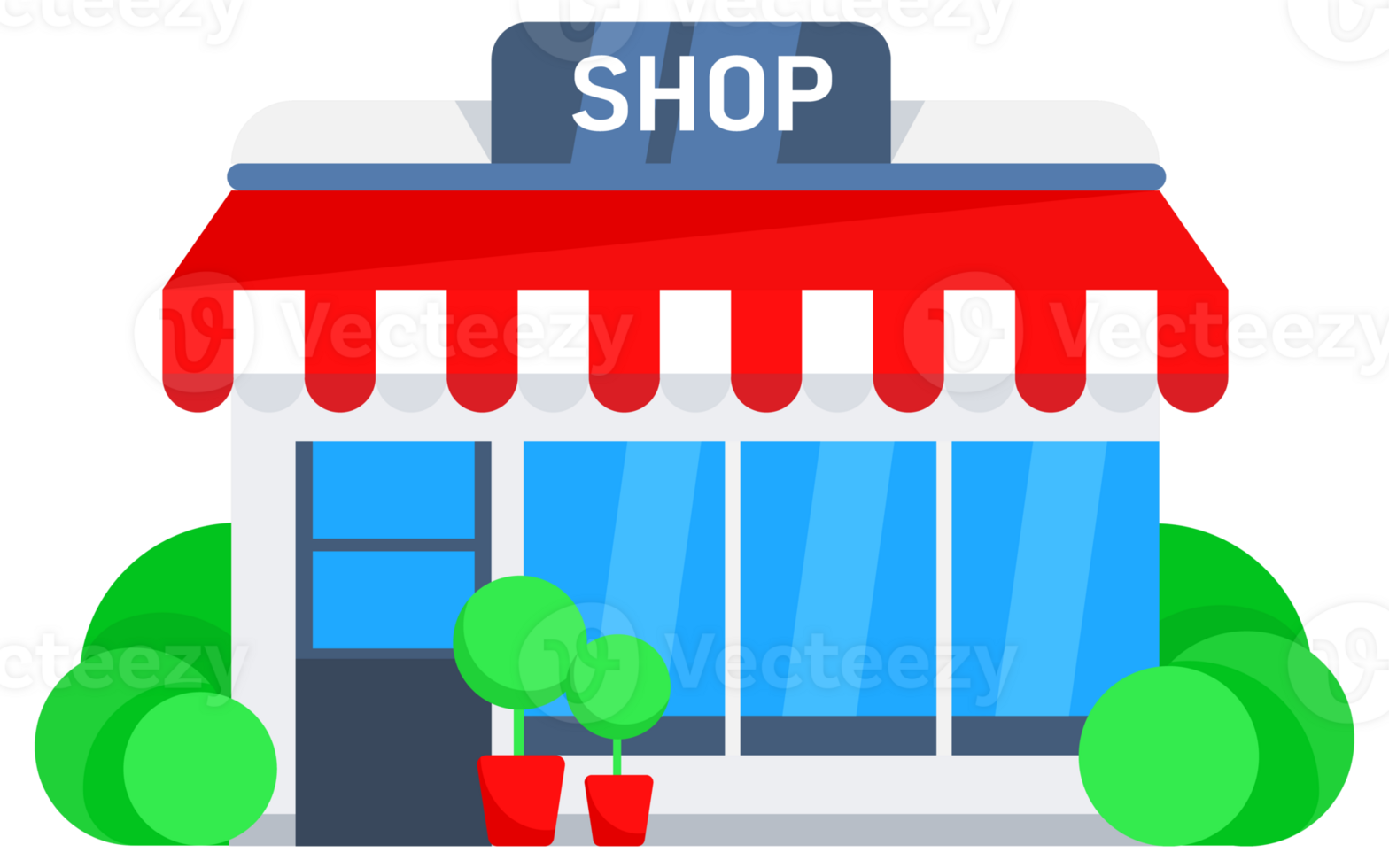Small shop facade with a red-striped awning, large display windows, and potted plants outside png