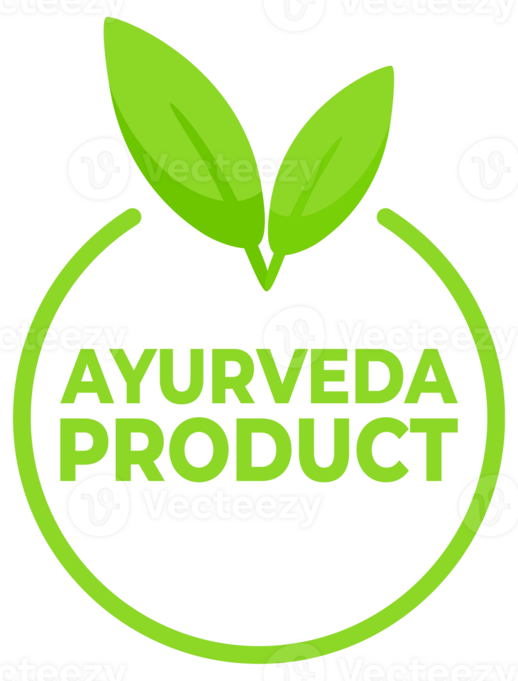 Set of labels featuring the text Ayurveda Product with a herbal leaf symbol, ideal for wellness and holistic health products. png