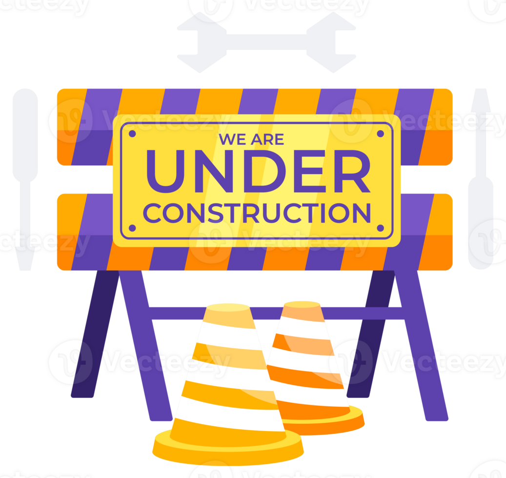 Under Construction sign with orange and white traffic cones and construction barriers png