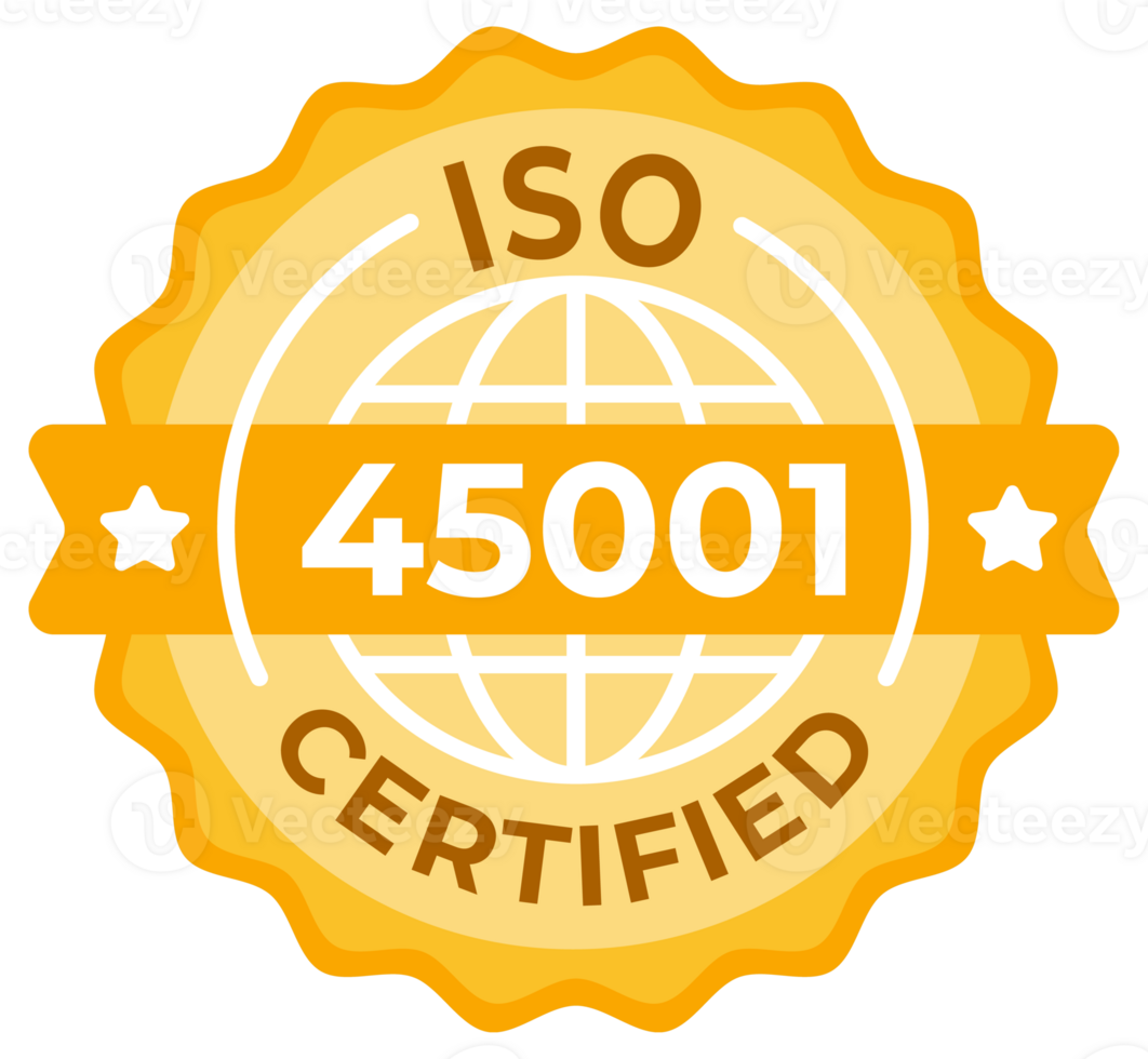 ISO 45001 Certified Badge. A vibrant, golden seal of approval showcasing global standards for occupational health and safety management systems png