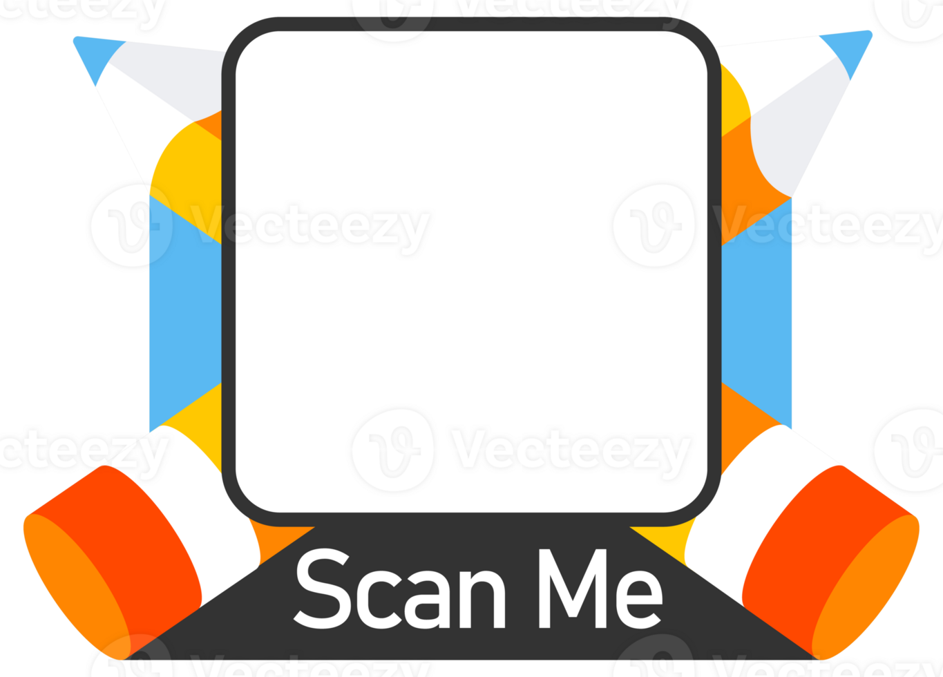 Set of QR code stickers flanked by pencils, with Scan Me text, designed for interactive engagement png