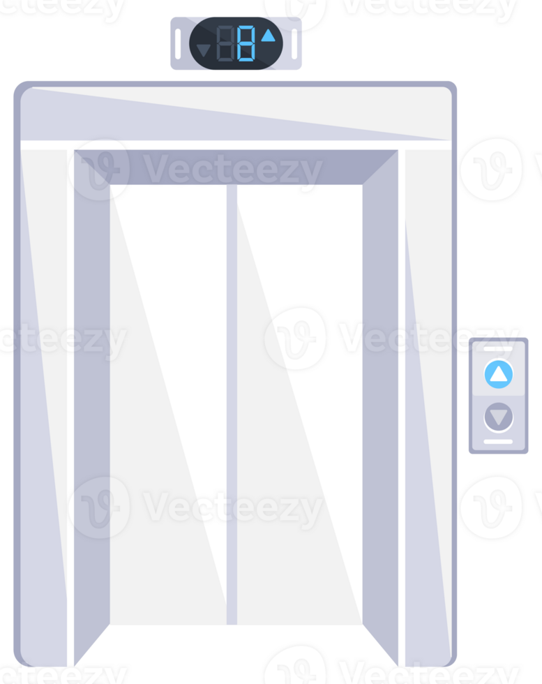 Elevator doors. Open and closed chrome metal doors and button panel closeup png