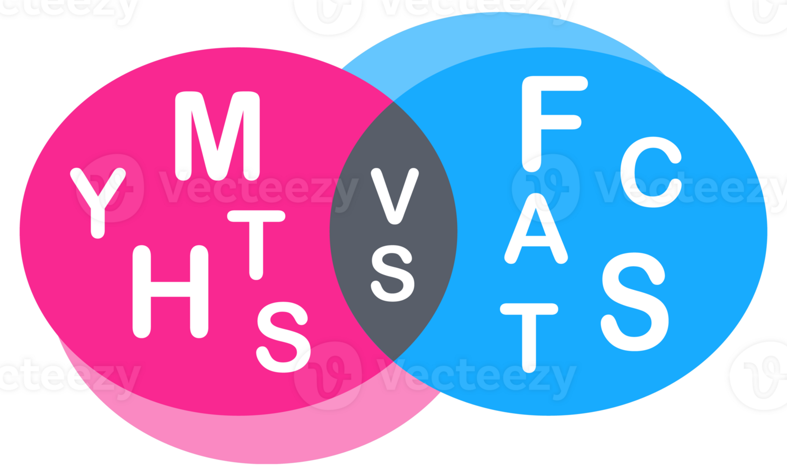 Colorful set of six logos showing the concept of myths versus facts, separating truth from lies png