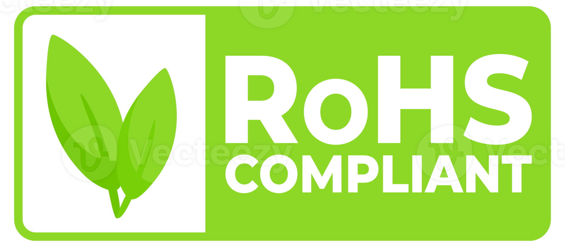 Green labels with a leaf icon indicating RoHS Compliant for electronics, promoting environmentally responsible manufacturing. png