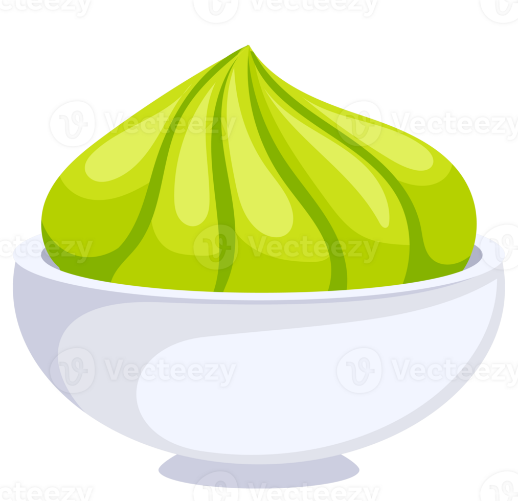 Set of six illustrations showing wasabi sauce in different styles and being served in different bowls png