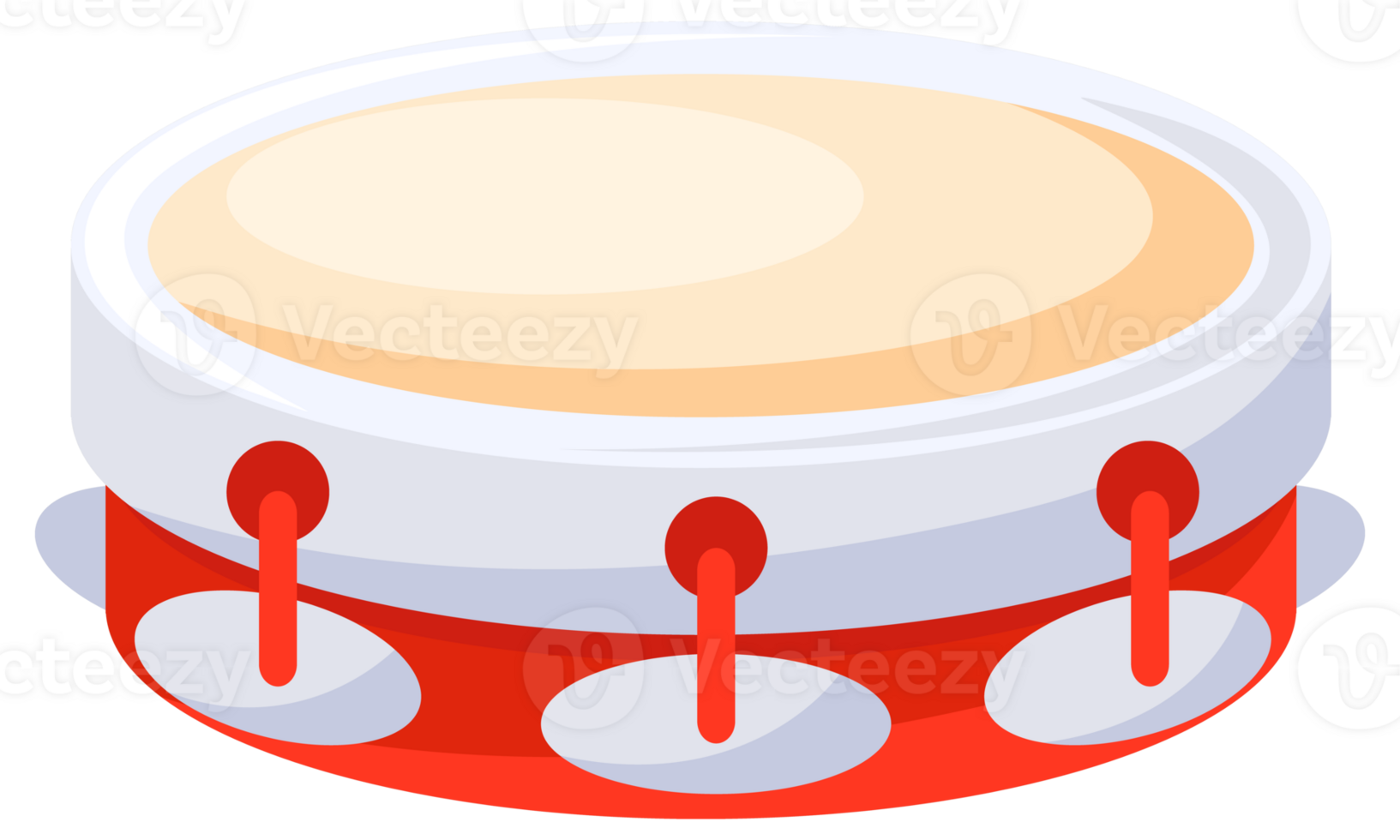Red drum kit standing ready for a drummer to start playing music, percussion instruments isolated over white png