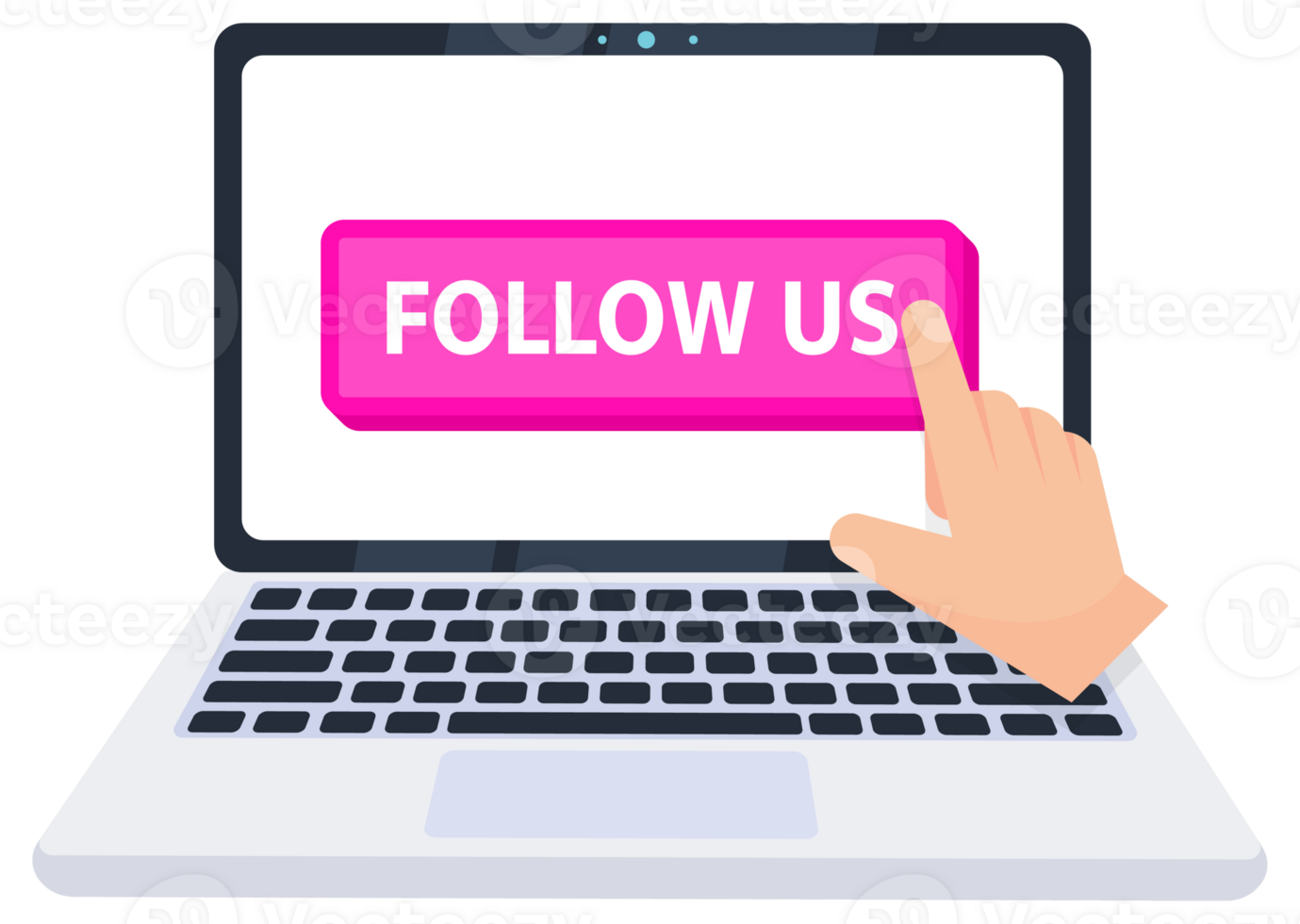 Hand pointer clicking on a follow us button on a laptop screen. illustration png
