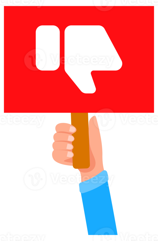 Hands holding thumbs up and down signs on placards png