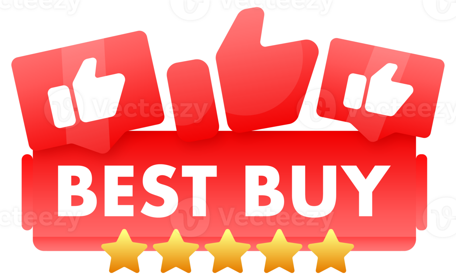 Red banner with BEST BUY text, thumbs up icons and golden stars for top-rated products, customer satisfaction and quality assurance concepts png