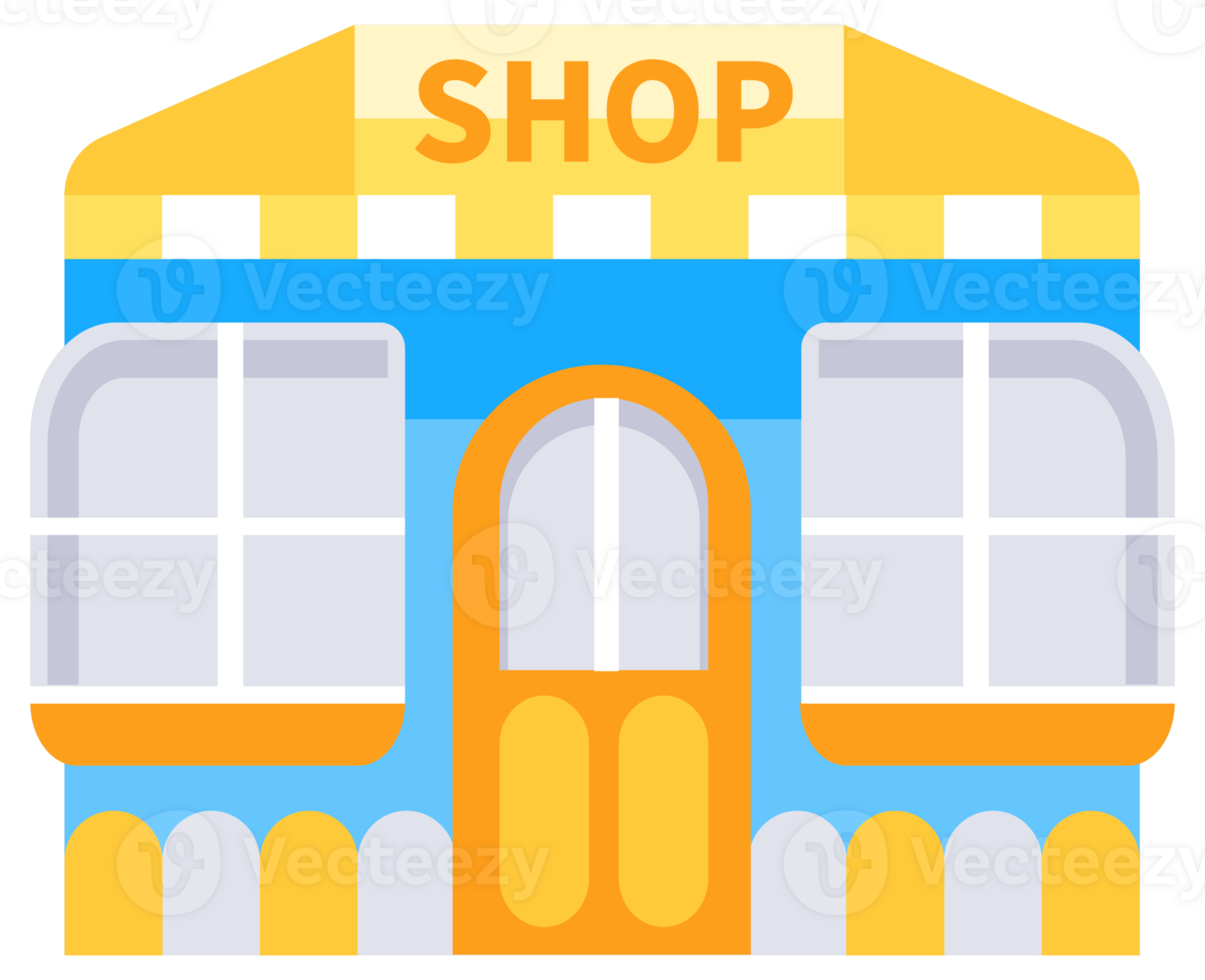Set of shops and markets with large windows for displaying goods, with a signboard on the facade, isolated on white png