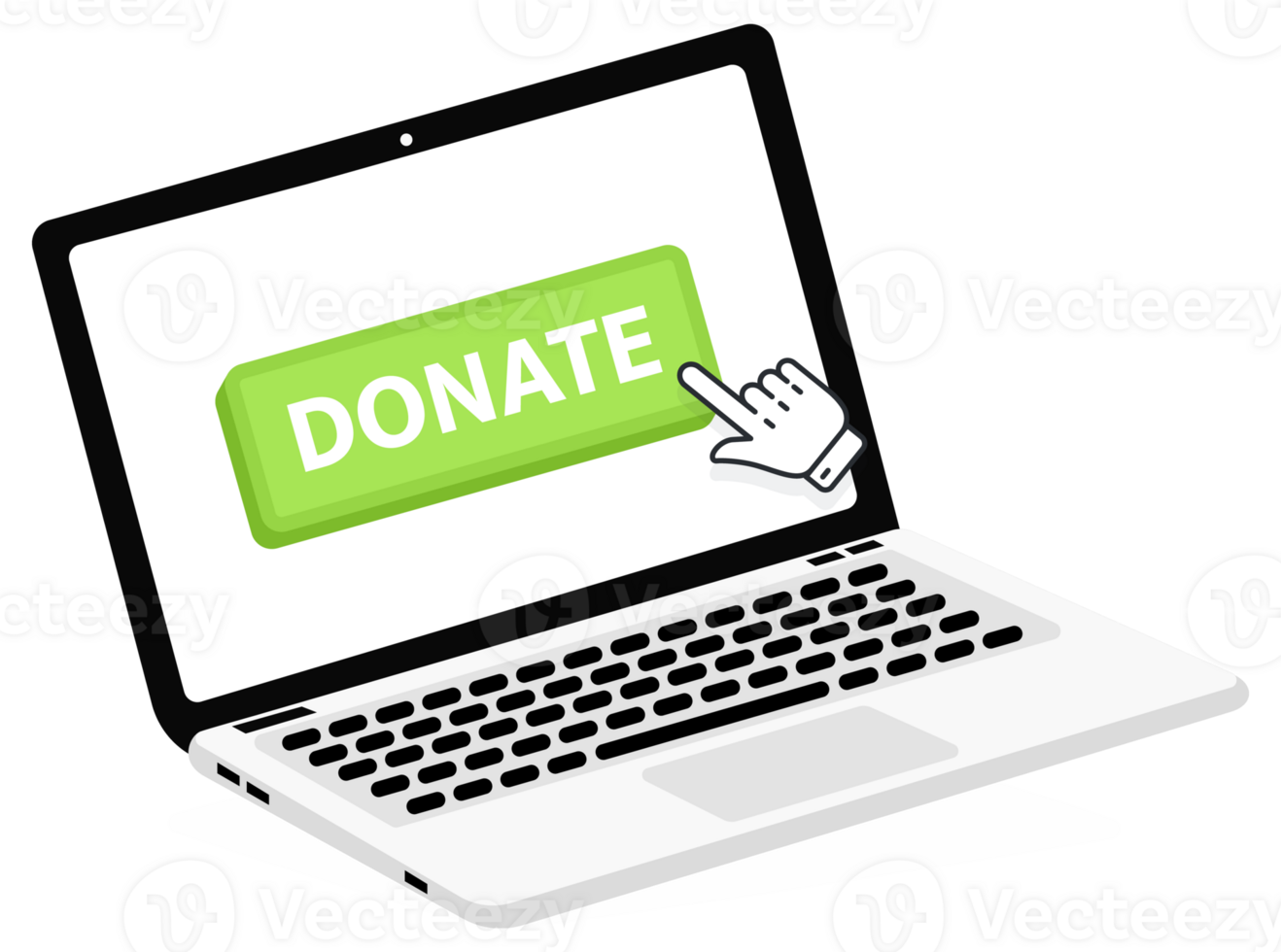 Donate text on Laptop screen with a red button . Button with pointer clicking. Finger Pressing png