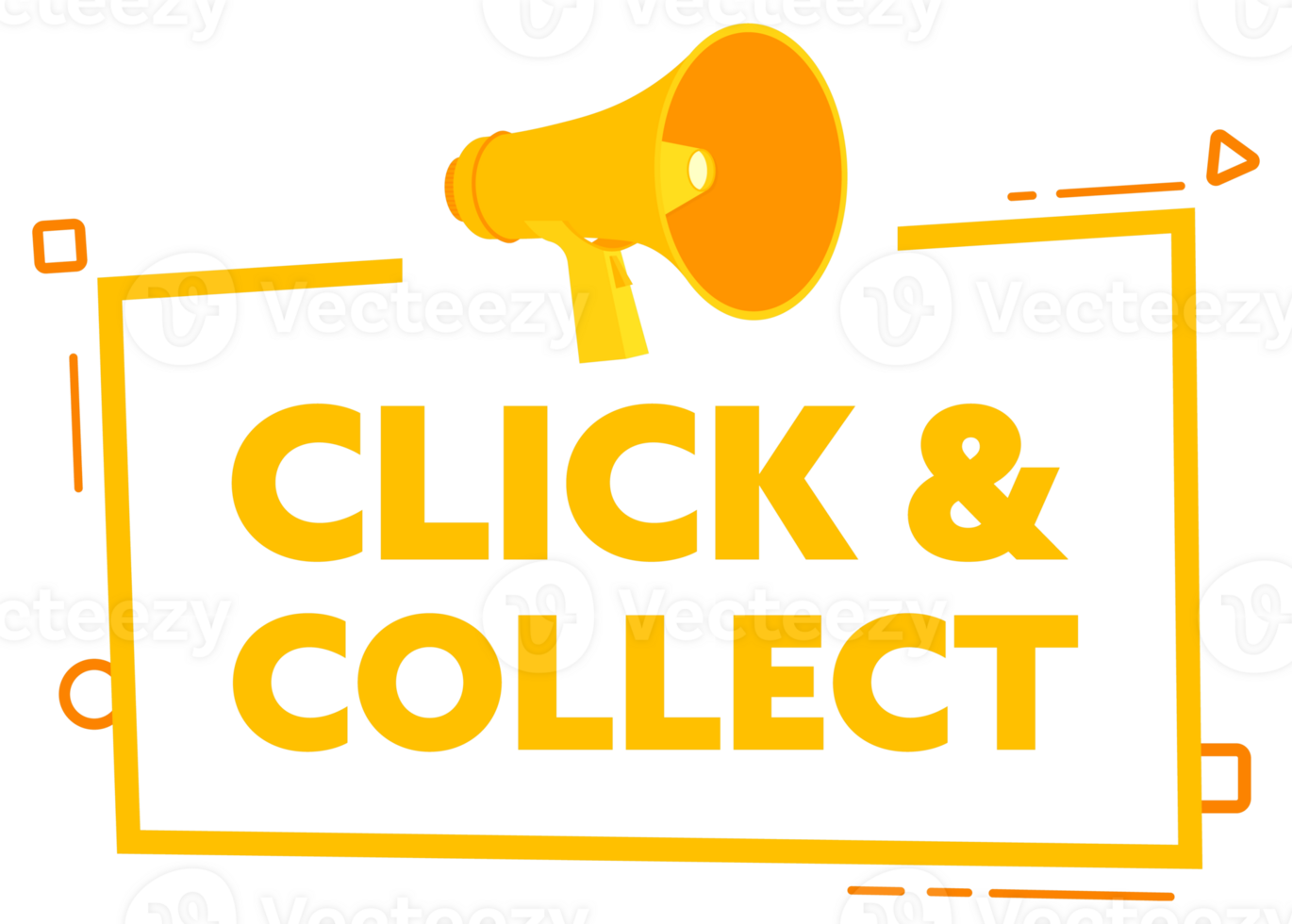 Megaphone with Click and collect speech bubble banner. Promotion and advertising label. stock illustration png