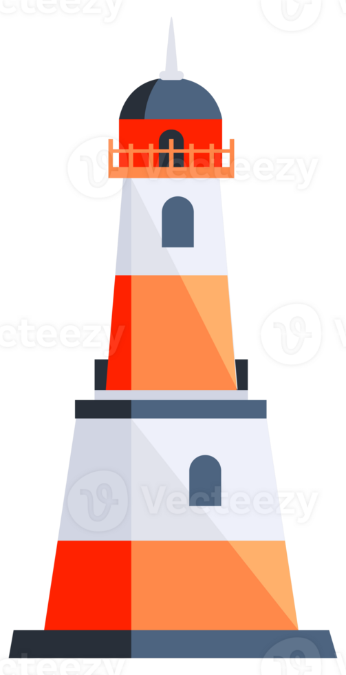 Set of lighthouses. Tower with floodlight on coast for maritime navigation png