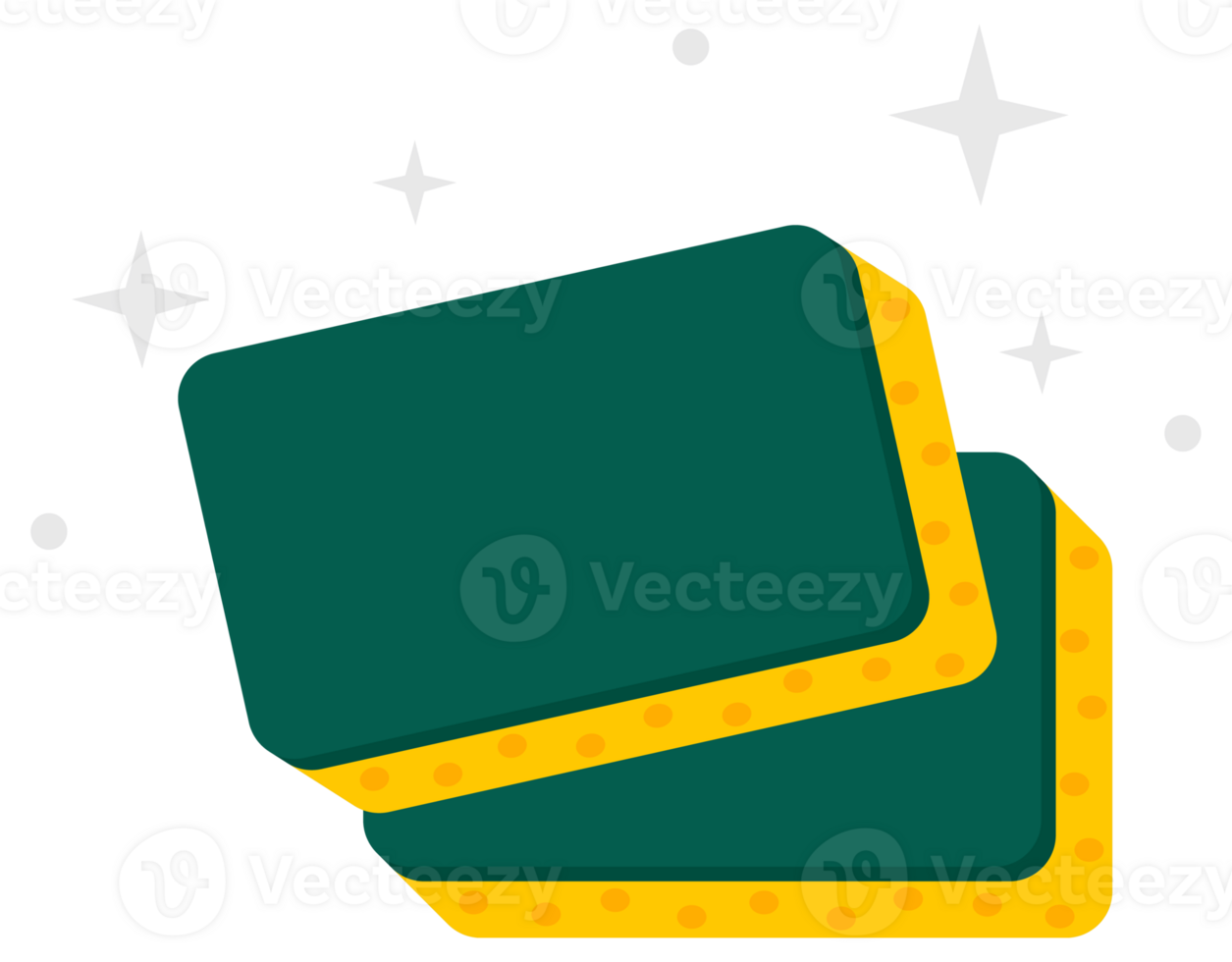 Two dark green cleaning sponges with yellow dotted textures stacked on a reflective surface with sparkle effect png